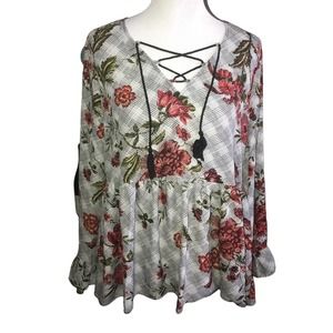 SIGNATURE STUDIO BLACK WHITE RED GREEN FLORAL BABY DOLL TOP SIZE XL